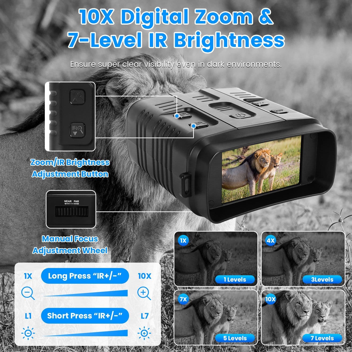 1Pc Night Vision Goggles 4K Full-Color Binoculars 10X Zoom With 2624ft Viewing Range 3in Screen 64G MMC Card WIFI APP Control Save Photo And Video For Camping Hunting & Security