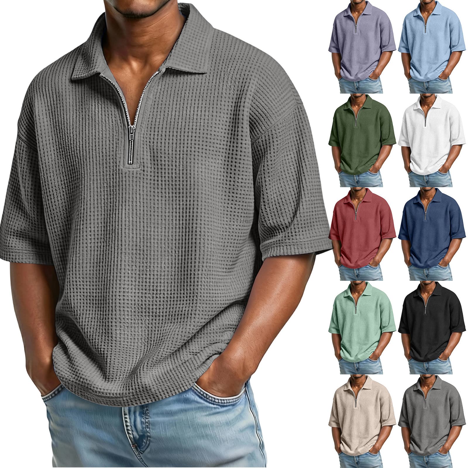 Men's Waffle-Weave Short-Sleeved Shirts Summer Solid Color Lapel Polo Shirt T-Shirt Beach Style Tops