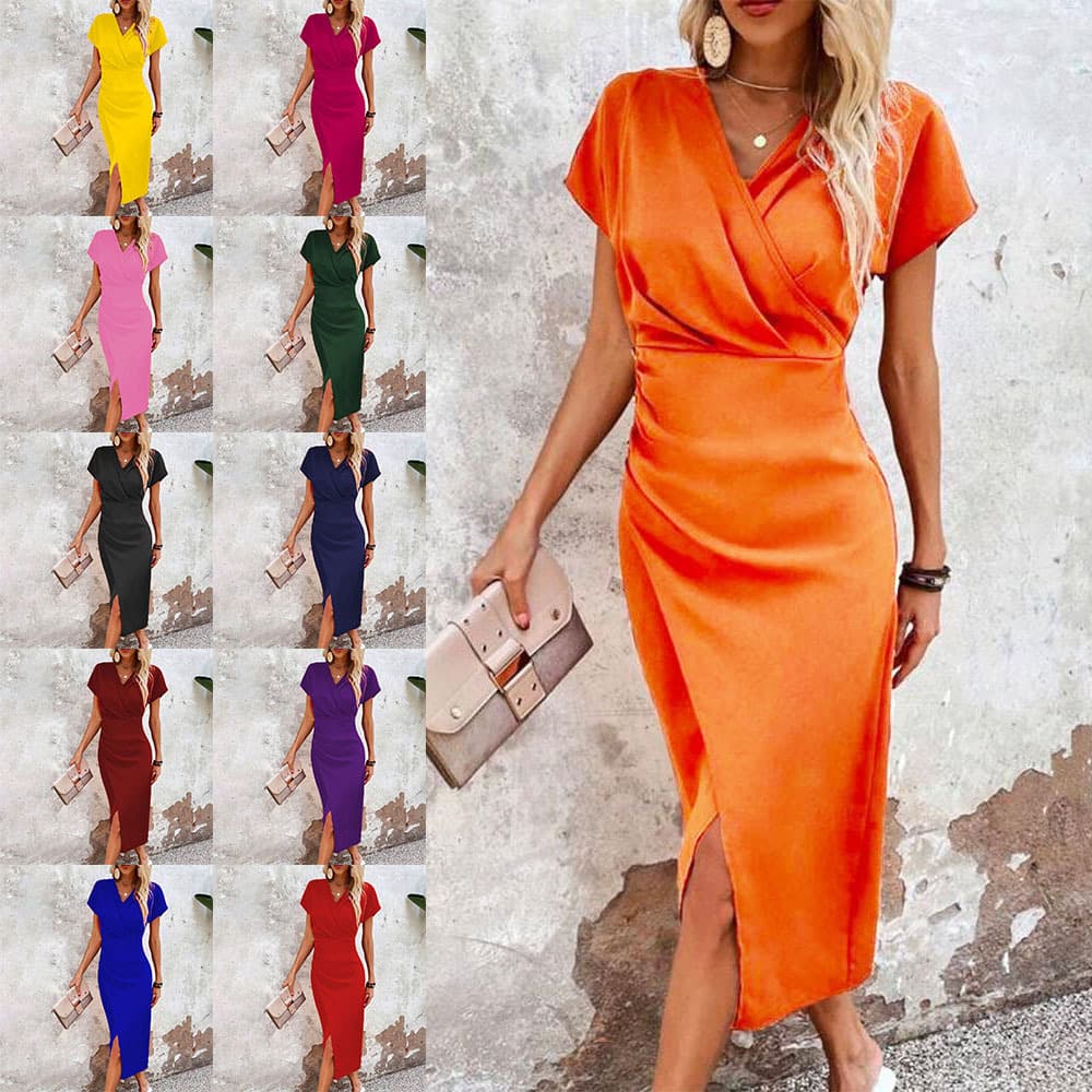 Slim-fit Short-sleeved Dress Fashion Sexy Split V-neck Dress Summer Women's Clothing