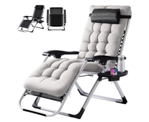 Zero Gravity Chair, Reclining Camping Lounge Chair For Indoor, Reclining Patio Chairs With Cup Holder Trays And Removable Cushion